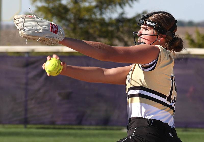 Sycamore's Addison Dierschow delivers a pitch Monday, April 15, 2024, during their game against Rochelle at Rochelle High School.