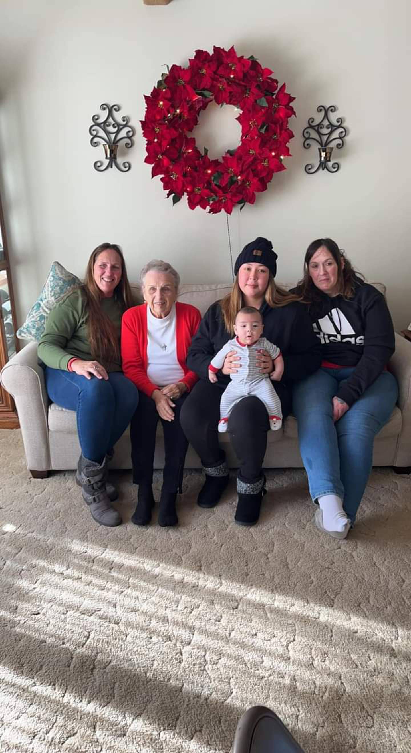 Five generations are photographed. Great great grandmother Jane Struglinski, great grandmother Jill Wachs, grandmother Nicole Wachs, mother Anecia Perez and baby Elijah Bergeron, all of DePue.