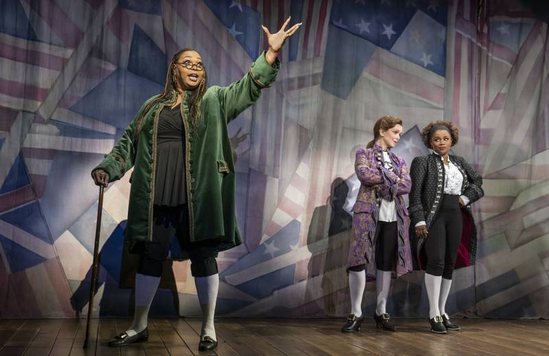 Liz Mikel (from left) as Benjamin Franklin, Nancy Anderson as Thomas Jefferson and Gisela Adisa as John Adams in the National Tour of the musical "1776."