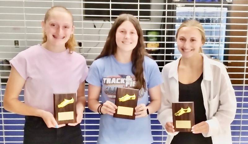 Award winners for the 2025 Princeton girls track & field season were Jocelyn Strouss (left), the No. 2 scorer, Camryn Driscoll, MVP Track & Overall, and Ashlynn Webber, MVP Field.