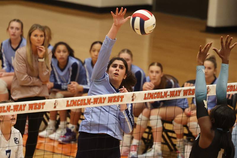 Plainfield South’s Savannah Stepanek hits a shot against Joliet Catholic in the Class 4A Lincoln-Way West Regional semifinal on Tuesday, Oct. 29, 2024 in New Lenox.