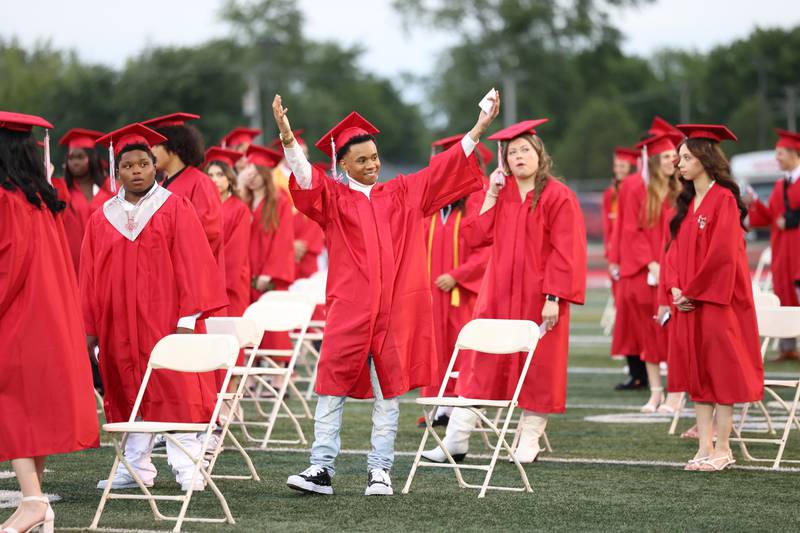 Jamar Hayes, Jr., ineteracts with his family in the stands during the Bradley-Bourbonnais Community High School commencement ceremony on Thursday, May 21, 2026.
