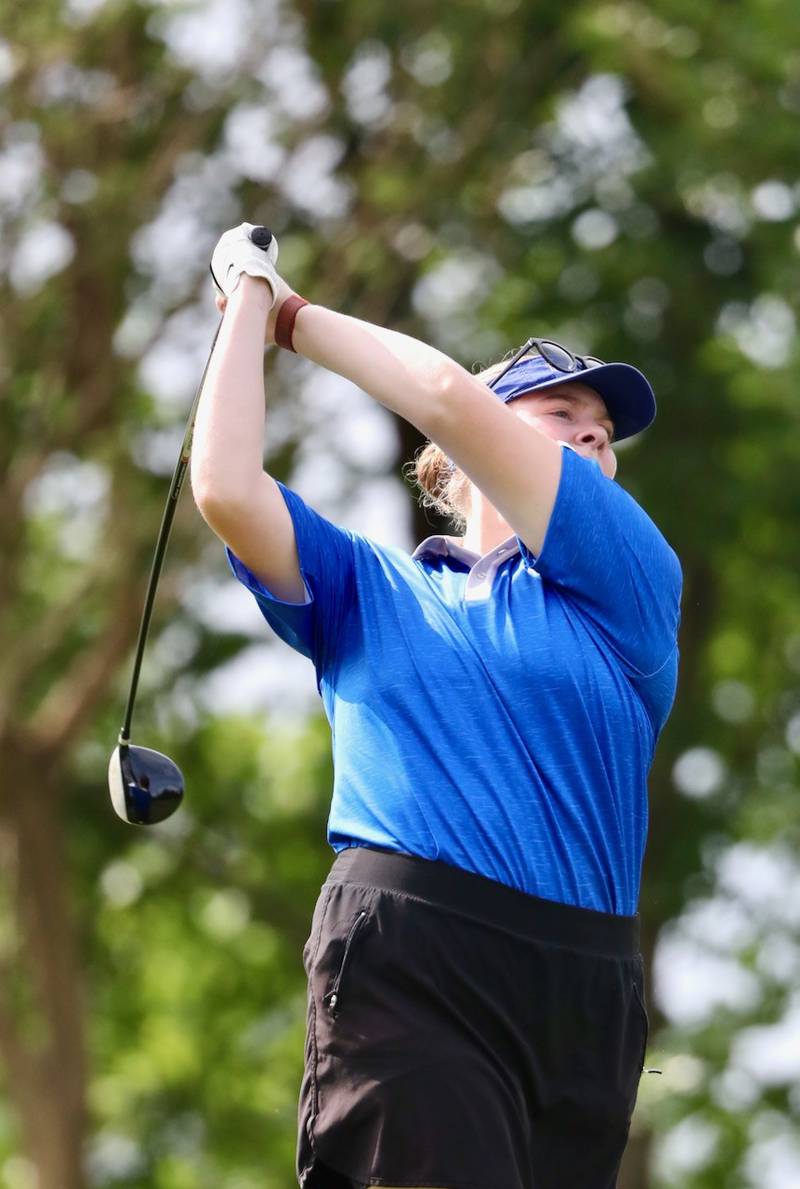 Princeton's Morgan Foes follows her drive Saturday at Wyaton Hills.