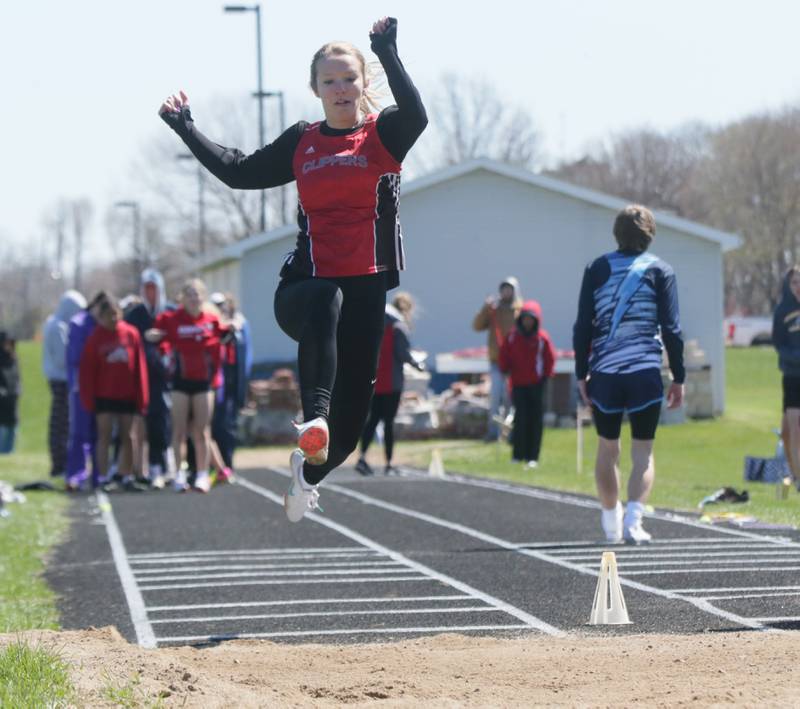 Amboy's Taylor Jahn does the long jump during the Rollie Morris Invite on Saturday, April 16, 2022 at Hall High School in Spring Valley.