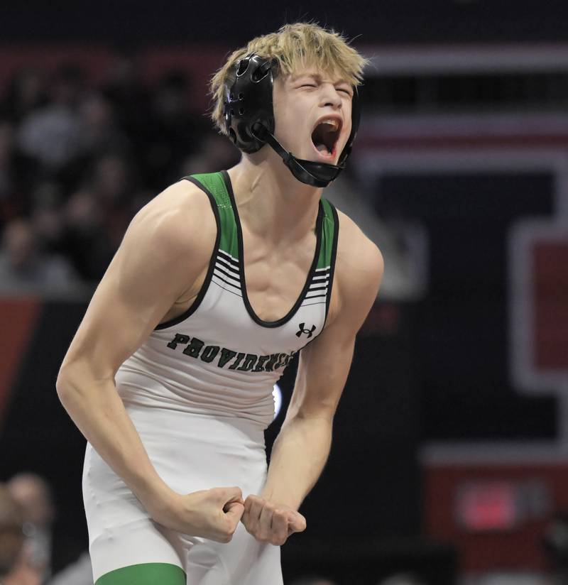 Providence Catholic’s Max Mandac reacts to winning the Class 2A 126-pound championship at the boys IHSA wrestling finals at State Farm Center in Champaign on Saturday, Feb. 21, 2026.