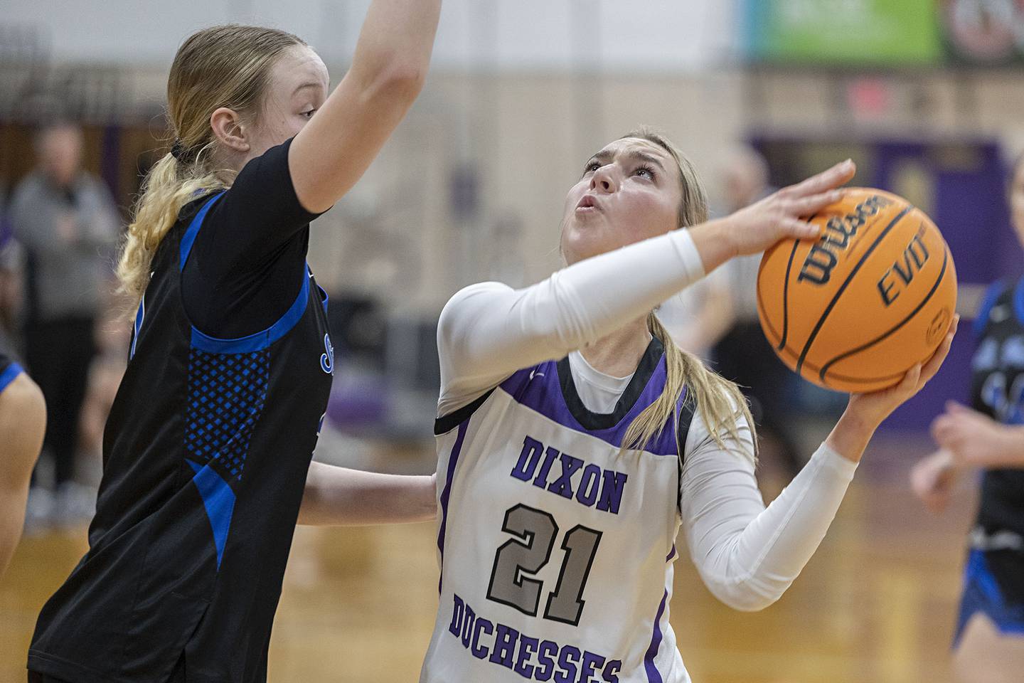 Dixon’s Reese Dambman works to put up a shot against St. Francis Saturday, Jan. 10, 2026.