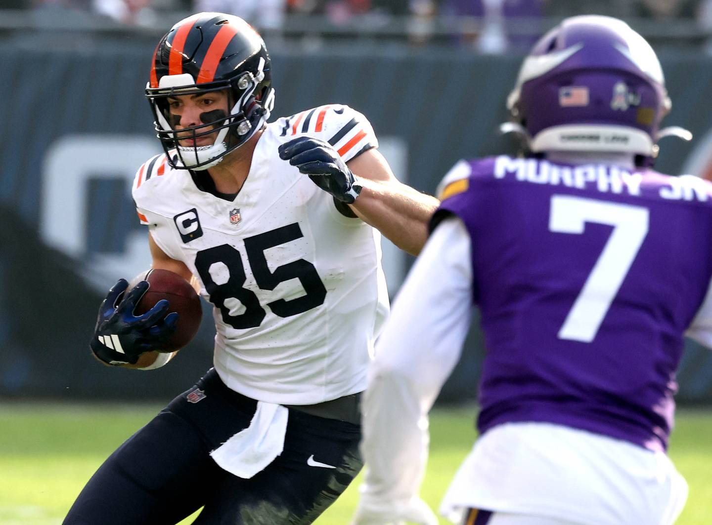 Chicago Bears tight end Cole Kmet looks to get by Minnesota Vikings cornerback Byron Murphy Jr. during their game Sunday, Nov. 24, 2024, at Soldier Field in Chicago.