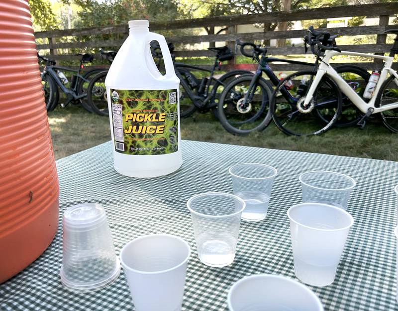 Pickle juice was one of the beverage choices for bicylists at the John Deere Historic Site rest stop during the 10th annual TOSOC (Tour of Scenic Ogle County) on Saturday, Sept. 27, 2025.