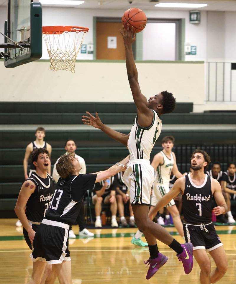 Kishwaukee College's Ramsey Bethel goes to the basket against Rockford University's Kooper Staley Thursday, Jan. 22, 2026, during their game at Kishwaukee College in Malta.
