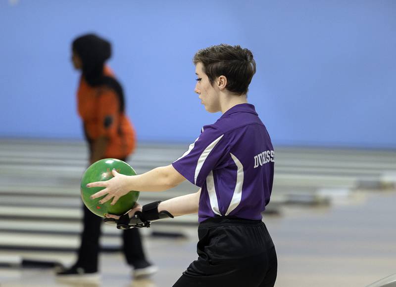 Dixon’s Olivia Gingras focuses on her frame during bowling regionals at Plum Hollow in Dixon on Saturday, Feb. 4, 2023.
