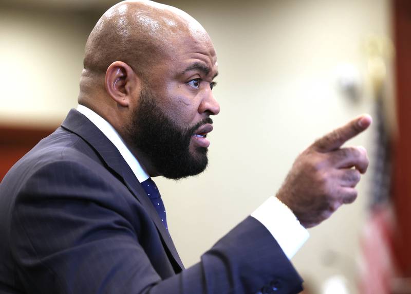 Brandon Brown, co-defense counsel for Hamza Khatatbeh delivers his opening statement Wednesday, Feb. 18, 2026, during Khatatbeh’s murder trial at the DeKalb County Courthouse in Sycamore. Khatatbeh is accused of fatally stabbing Sycamore 17-year-old Kaleb McCall in 2023.