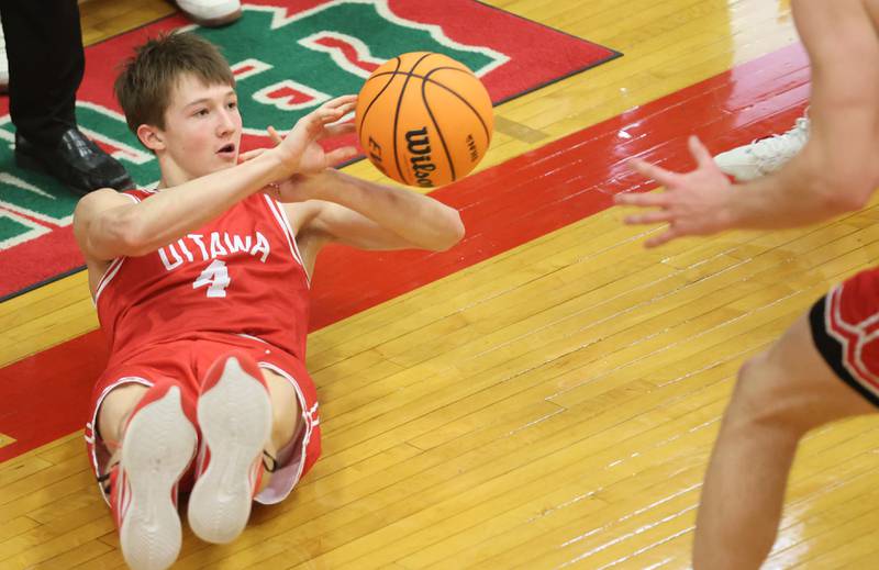 Ottawa's Blake Schiltz attemps to save the ball against L-P on Friday, Jan. 9, 2026 in Sellett Gymnasium at L-P High School.