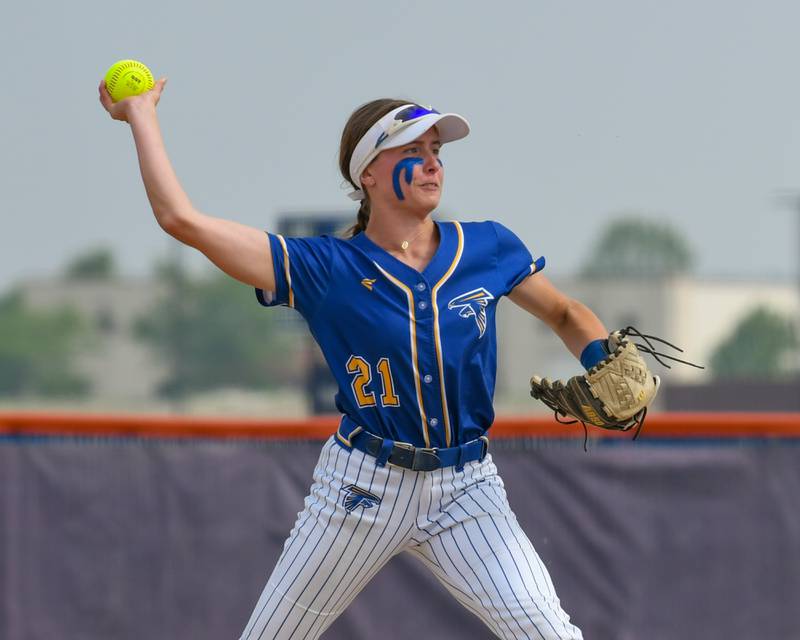 Wheaton North's Reagan Crosthwaite (21) throws the ball to first base for an out on Thursday June 5, 2025, while taking on Weaton Warrenville South during the sectional semifinal game held at Oswego High School.