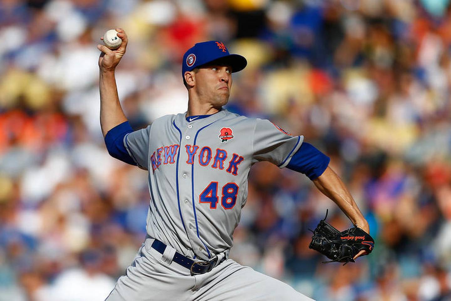 New York Mets starting pitcher Jacob deGrom (48) pitches against the Los Angeles Dodgers during a Major League Baseball game at Dodger Stadium on Monday, May 27, 2019 in Los Angeles. (Kent Nishimura/Los Angeles Times/TNS)