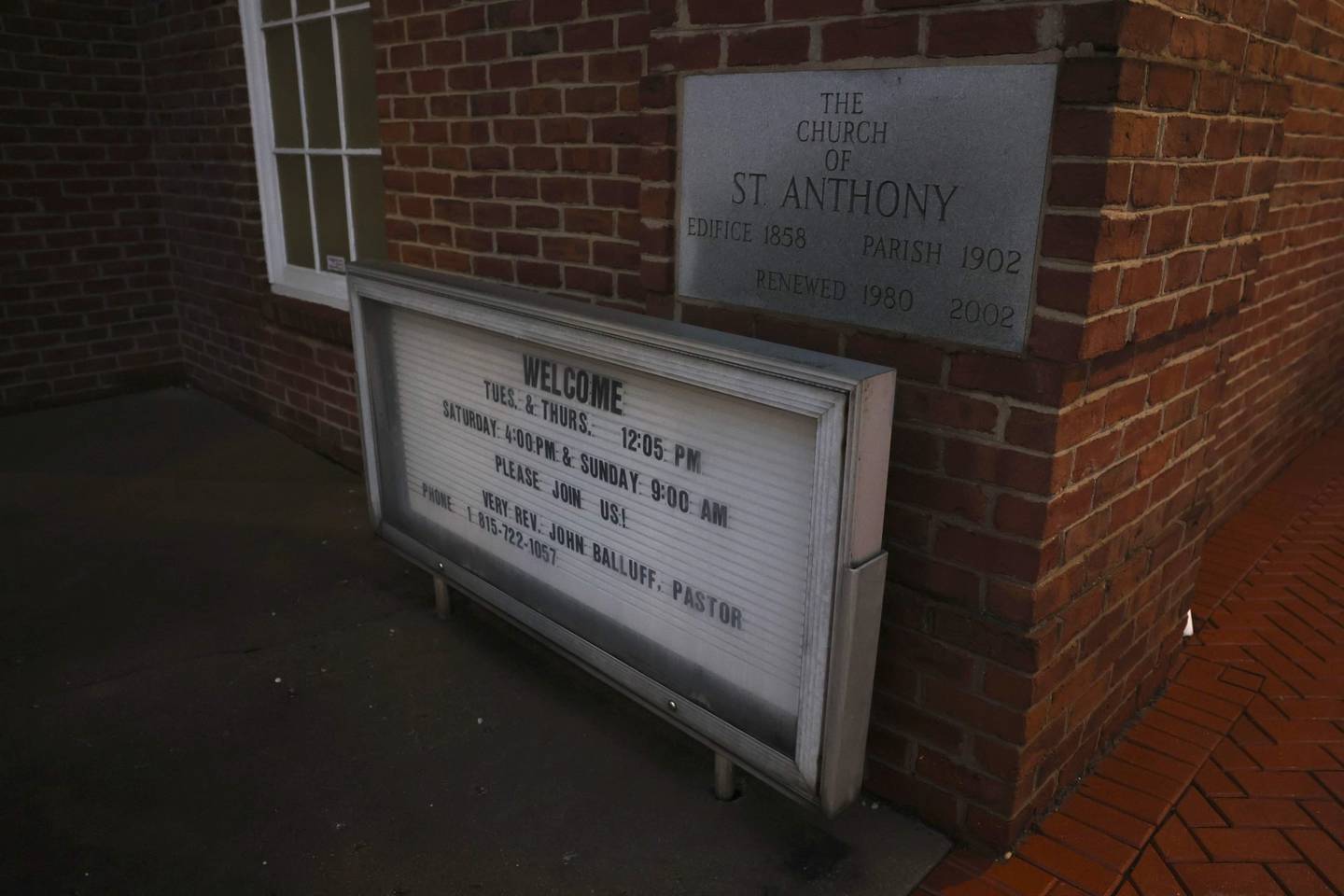 Sign outside St. Anthony Catholic Church, 100 N. Scott St., Joliet on Jan. 25, 2024.