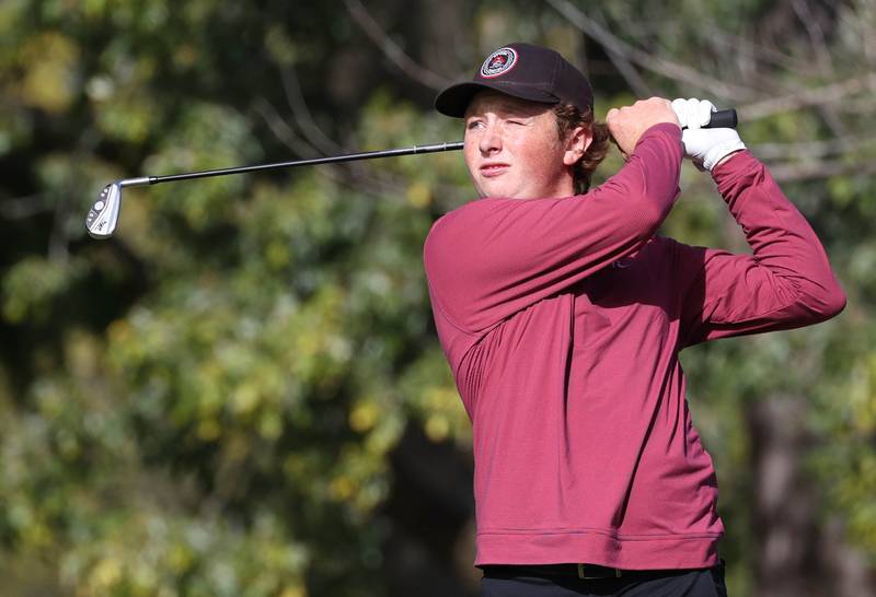 Ottawa’s Bryer Harris tees off on the par three fourth hole Monday, Sept. 23, 2024, during the Interstate 8 boys golf tournament at the Kishwaukee Country Club in DeKalb.
