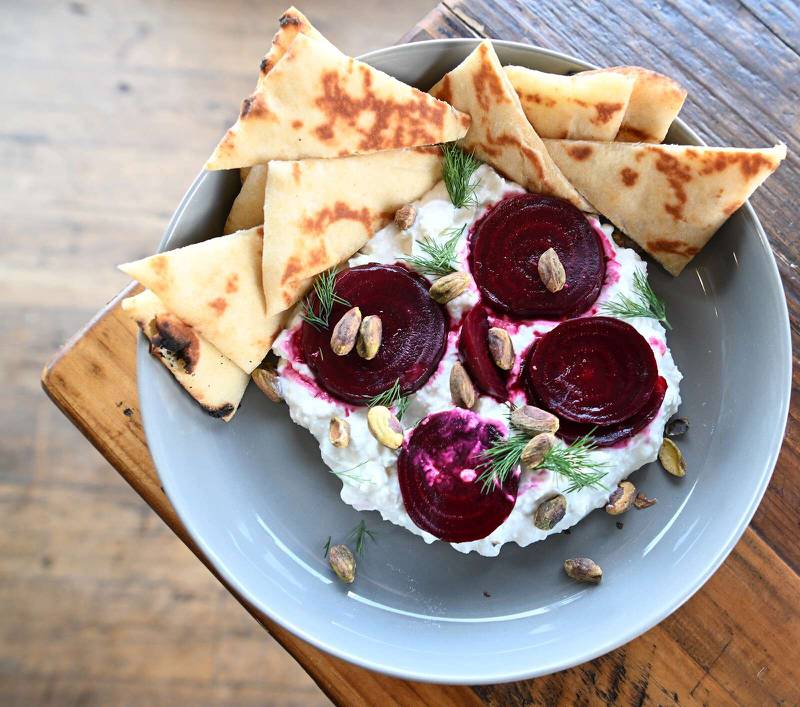 Marinated beets with whipped feta and pita bread from The Side Lot in Wauconda.