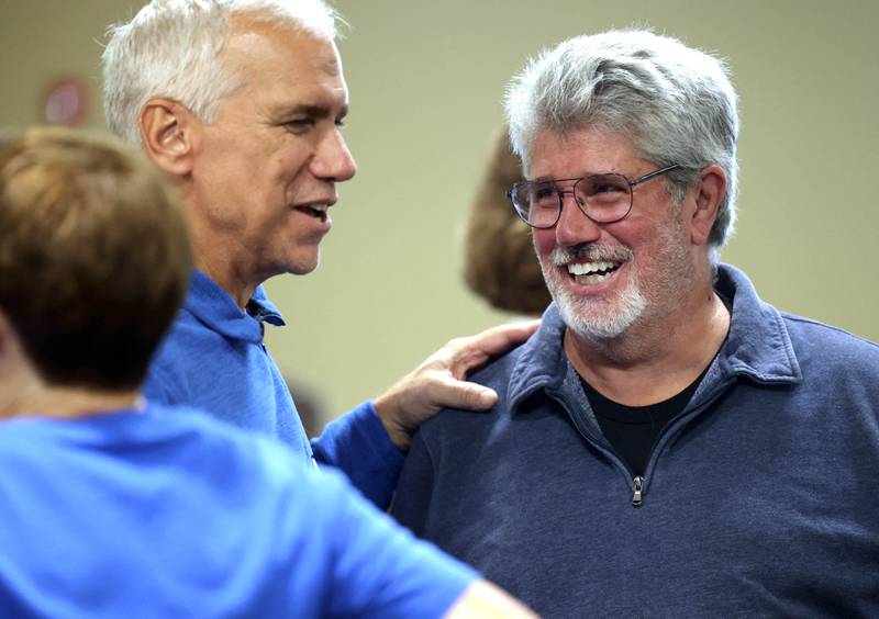 Charles “Chuck” Rose, (right) Democratic candidate in the race for DeKalb County State's Attorney talks to a supporter Tuesday, Nov. 5, 2024, at the election night watch party at Faranda’s in DeKalb.