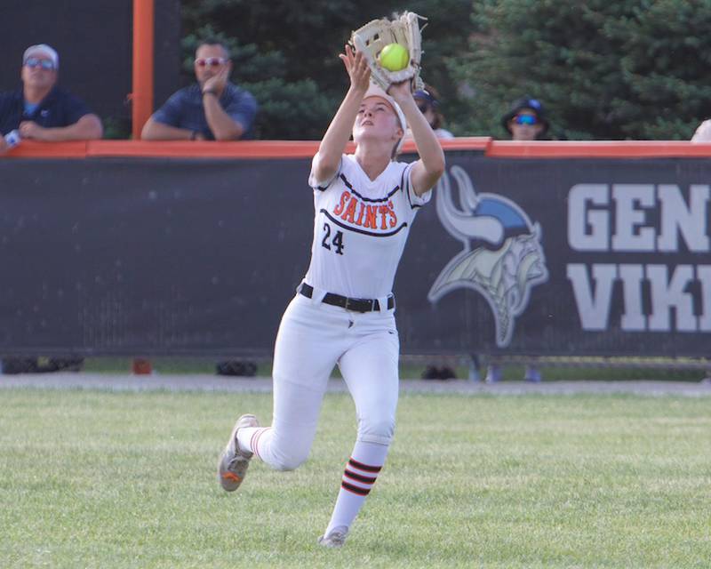 St. Charles East's Eden Corcoran makes the running catch against St. Charles North on Wednesday May 14,2025 in St. Charles.