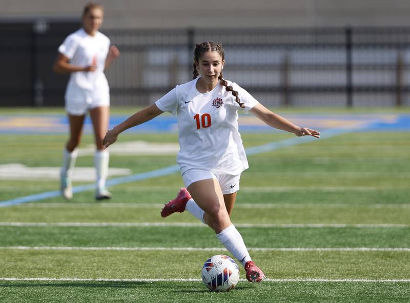 Crystal Lake Central's Addison Schaffer (10) handles the ball during first half action in the 2A girl's varsity supersectional soccer match between Crystal Lake South and St. Ignatius high schools on Tuesday, June 3, 2025 in Chicago.
