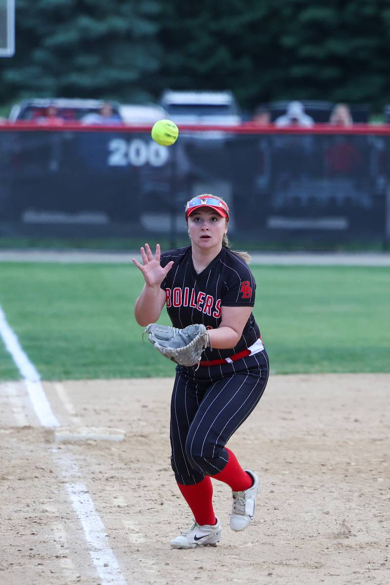 Bradley-Bourbonnais’ Rhaina Boggess catches an infield hit during the Boilermakers' 8-0 victory over Normal Community in the IHSA Class 4A Bradley-Bourbonnais Regional semifinal on Tuesday, May, 27, 2025.