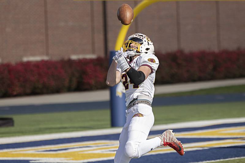 ROWVA’s Bryan Bertishofer is unable to hang into a pass against Newman Saturday, Oct. 28, 2023 in the Class 1A playoffs in Sterling.