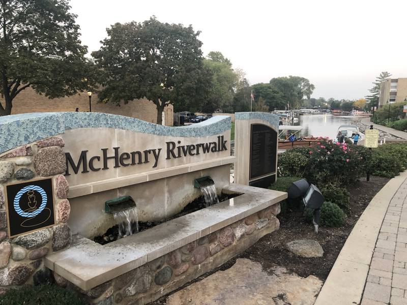 McHenry's Riverwalk entrance at Green Street on Friday, Sept. 29, 2023. The city council heard a proposal on Monday that, if approved, would allow residents to walk from restaurants, bars and shops, and on the Riverwalk and in parks, with open containers of alcohol.