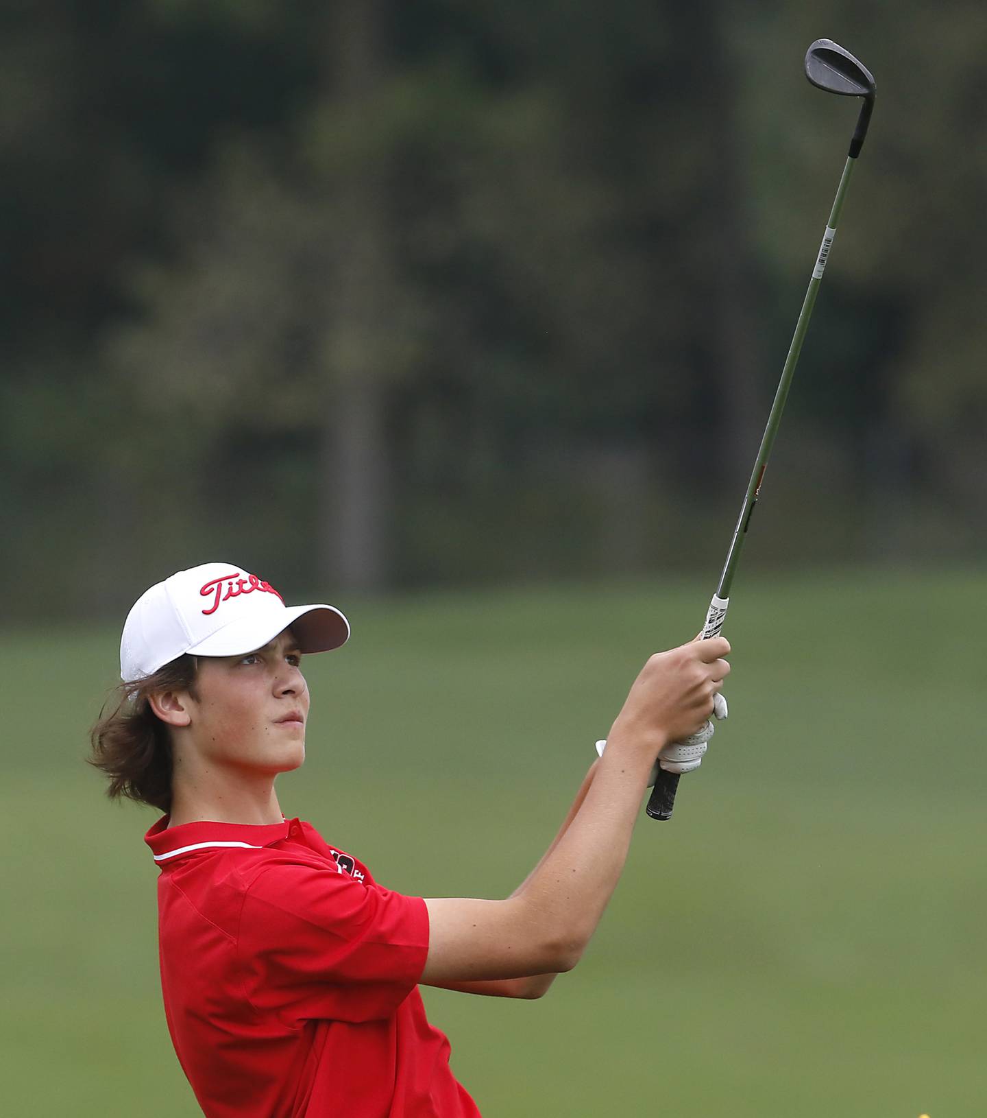 Huntley’s Nathan Elm  hits a fairway shot on the fifth hole during the IHSA Class 3A Hampshire Regional golf tournament on Wednesday, Sept. 27, 2023, at Randall Oaks Golf Club in West Dundee.
