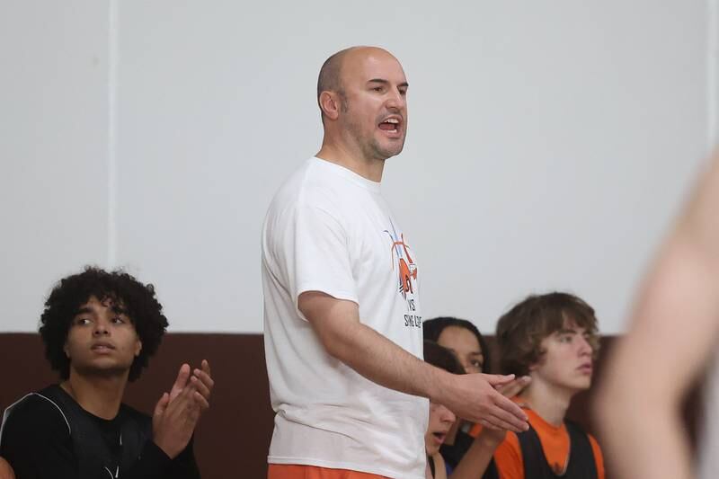 Minooka head coach Brett Hespell yells out to a player against Marmion at the 37th Morris Boys Shootout on Tuesday, June 25, 2024.