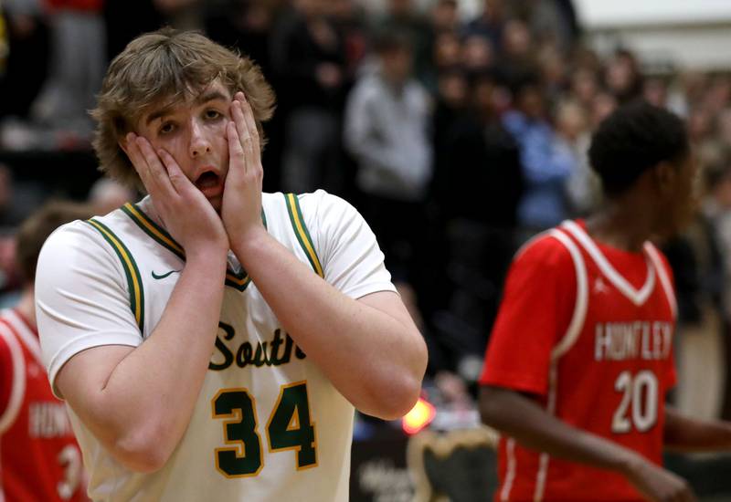 Crystal Lake South's Johnathan Morgan reacts to be called for a foul during a Fox Valley Conference boys basketball game against Huntley on Friday, Jan. 30, 2026, at Crystal Lake South High School.