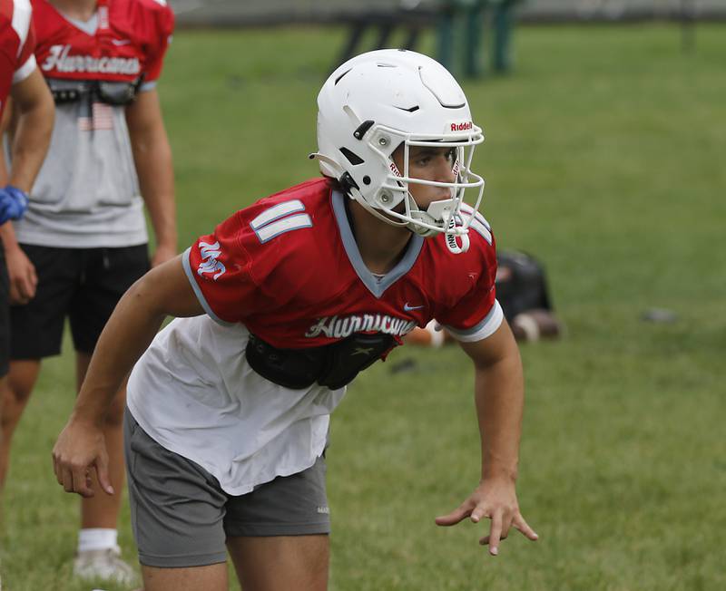 Marian Central’s Eddie Kowalczyk rushes to fill a gap during football practice on Tuesday, August 19, 2025, at Marian Central  High School in Woodstock.