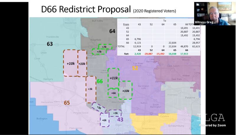 Screenshots show a redistricting hearing that took place the morning of Friday, April 9, 2021, regarding McHenry and Lake counties.