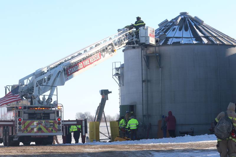 Granville and Hennepin firefighters, along with OSF lifeflight crew, work the scene of a grain bin rescue on Monday, Jan. 26, 2026 in the 13000 block of North 950th Avenue just south of Granville. Two lifeflight helicopters laned and one victum was flown from the scene.