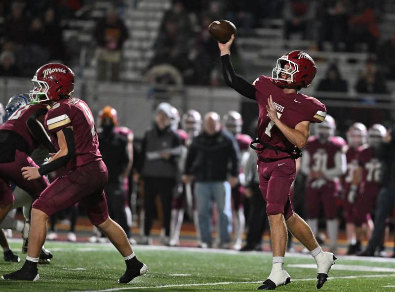 Morris' Brady Varner (7) throws a pass during the class 4A first round playoff game against Woodstock on Friday, OCT. 31, 2025, at Morris.