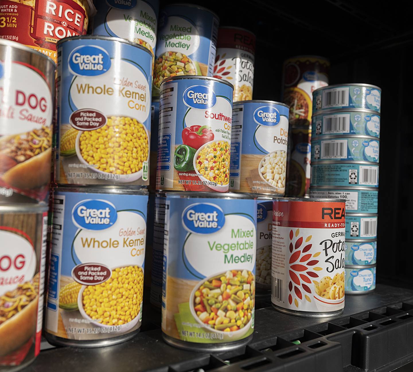 Food items sit on a shelf Tuesday, Jan. 13, 2026, at the free little pantry outside of Redline Performance in Sterling. The business is located at 1608 E. Third Street in Sterling.