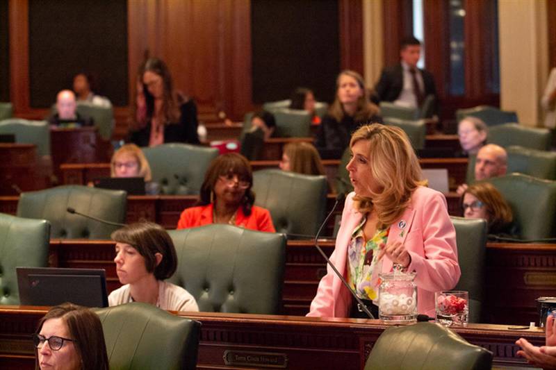 Rep. Terra Costa Howard, D-Glen Ellyn, the lead sponsor of a measure allowing individuals and the attorney general to sue crisis pregnancy centers if they engage in deceptive practices, speaks in favor of the bill this week on the House floor.