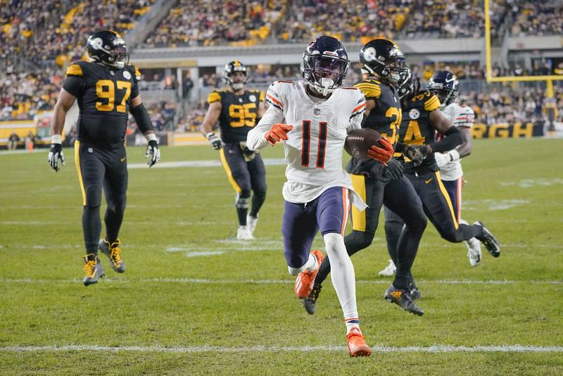 Chicago Bears wide receiver Darnell Mooney (11) gets past the Pittsburgh Steelers defense for a touchdown during the second half Monday, Nov. 8, 2021, in Pittsburgh.