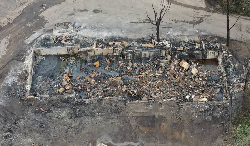 Here, a close up view of the foundation after a major fire swept through the Grand Bear Resort and set fire to 28 cabins on Tuesday, May 31, 2022 in Utica.