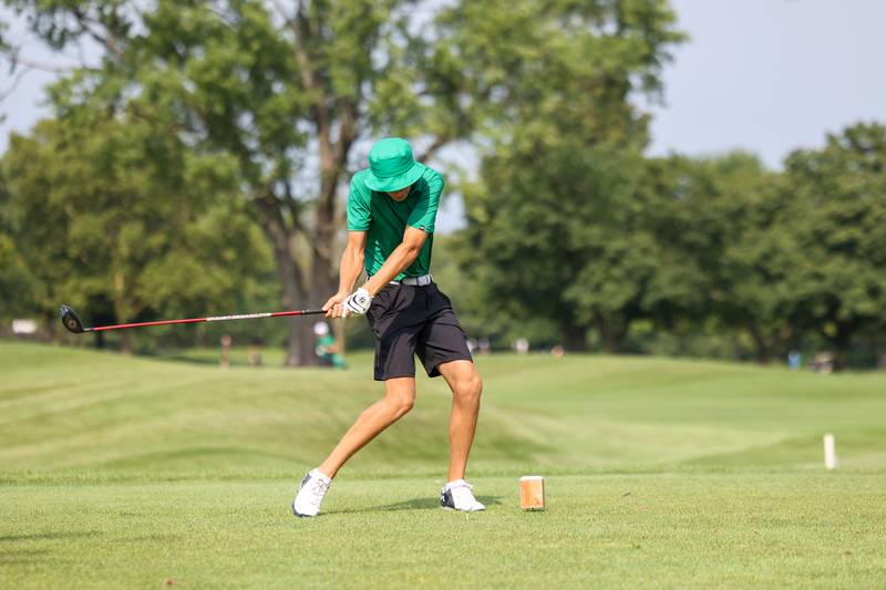 Bishop McNamara's Griffin Meier tees off during the Bill Breeden All-Area Classic at the Kankakee Elks on Monday, Aug. 18, 2025. Meier scored a 91 to help the Fightin' Irish earn fourth place overall.