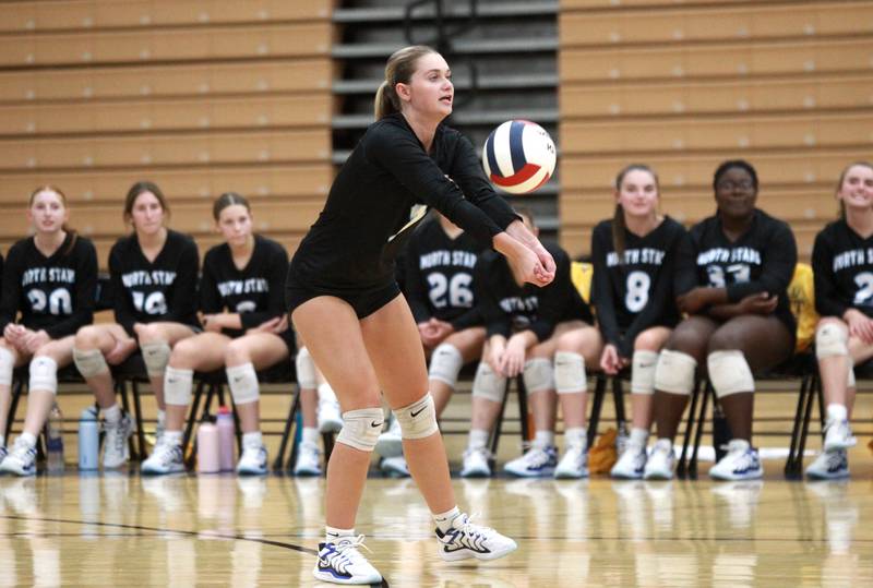 St. Charles North's Mia McCall (7) bumps the ball during a game against Oswego Wednesday, Sept. 18, 2024 at St. Charles North.
