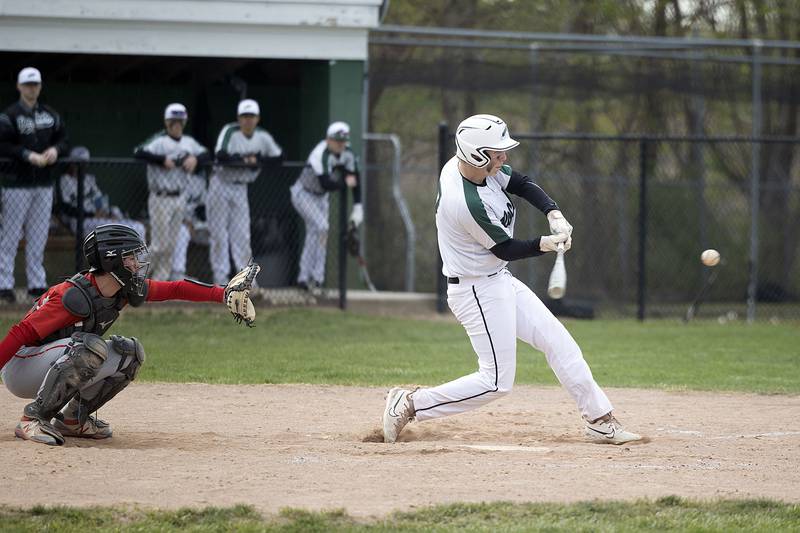 Rock Falls’ Tim Heald drives in the first run for the Rockets against Oregon Tuesday, May 2, 2023.