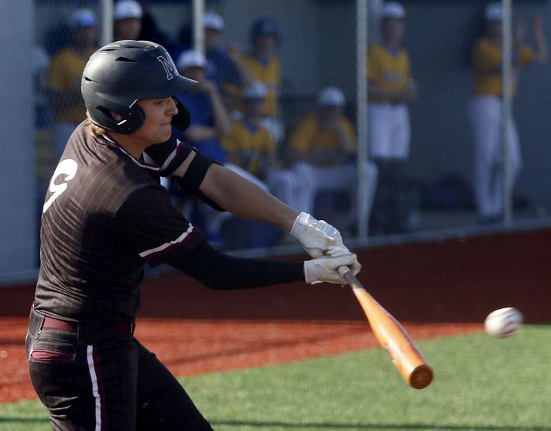 Marengo's Alex Johnson hits the ball during a Kishwaukee River Conference baseball game against Johnsburg on Wednesday, April 22,2026, at Johnsburg High School.
