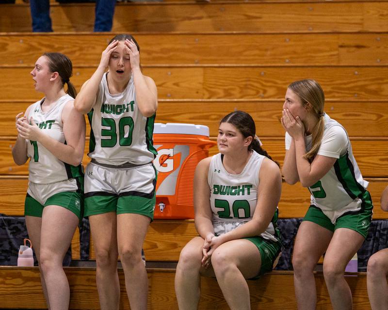 Dwight's bench reacts in disappointment during game against St. Bede on Monday, January 19, 2026 at the Krese Memorial Gymnasium in Dwight.