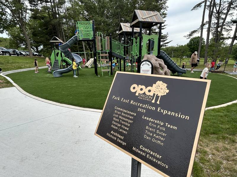 The new playground at Park East Inland Side recreation area includes features for kids ages 2-5 and 5-12. It was a popular place for kids at the Oregon Park District's grand opening celebration for the upgraded park on Monday, May 18, 2026.