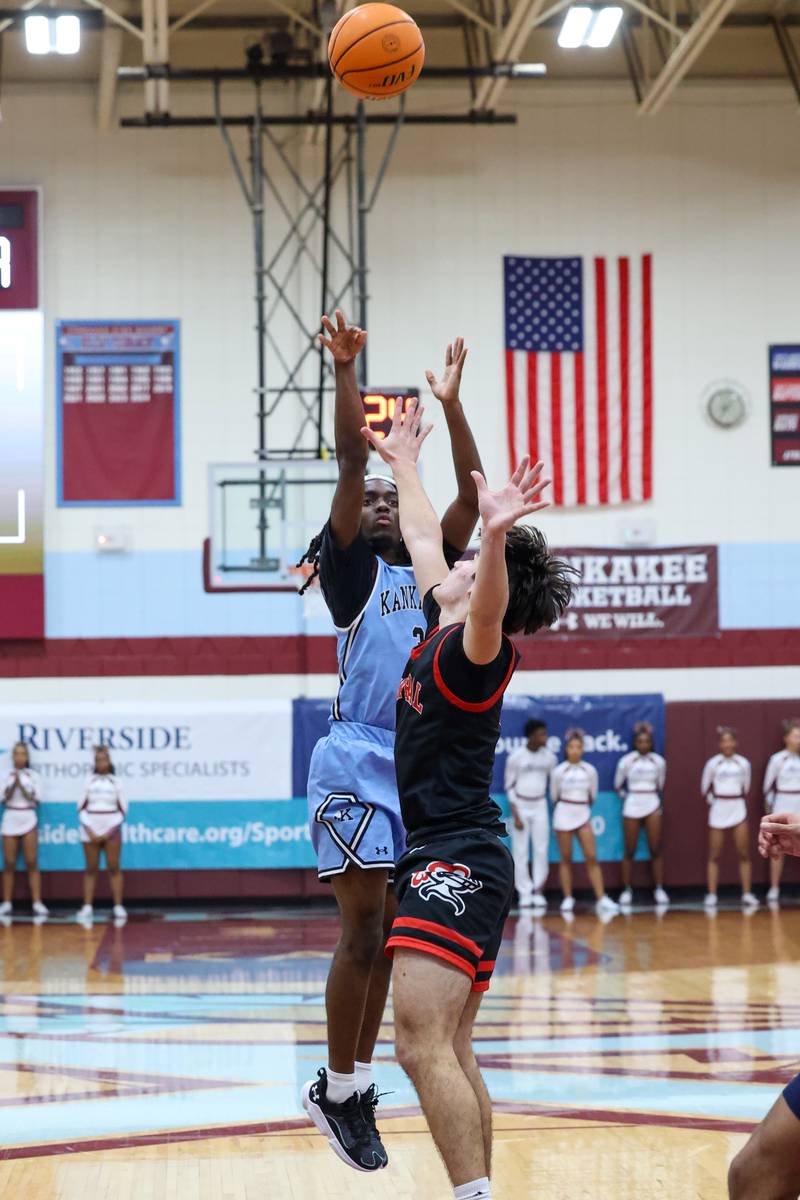 Kankakee's Cedric Terrell III shoots a 3-pointer during the Kays' 54-50 victory over Lincoln-Way Central in the 75th Kankakee Holiday Tournament maroon bracket championship on Sunday, Dec. 28, 2025.