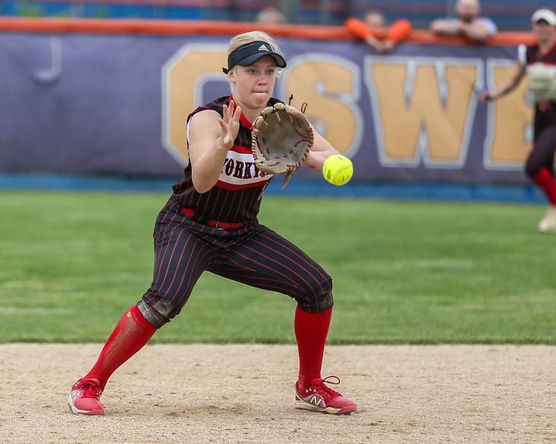 Yorkville's Brooke Eswinke (2) fields a bouncer to short during Class 4A Oswego Regional final softball game between Yorkville at Oswego. May 24th, 2024.