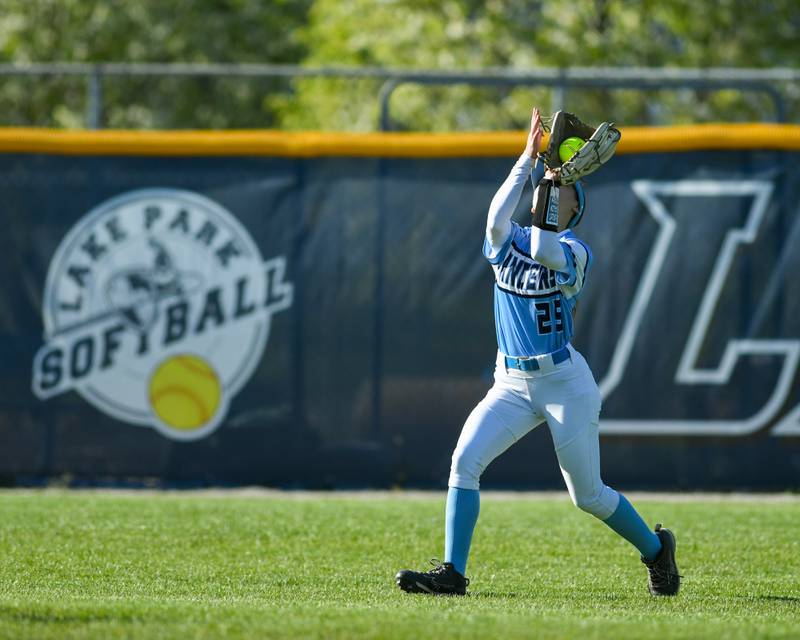 Lake Park's Gabriella Motisi (25) catches the ball during the game on Wednesday April 24, 2024, while taking on St. Charles North held at Lake Park High School.