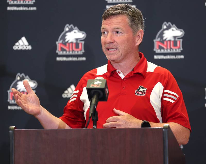 Ryan Swan, men’s soccer head coach at Northern Illinois University, speaks Wednesday, Aug. 13, 2025, during the NIU fall sports media day in the Yordon Center at NIU in DeKalb.