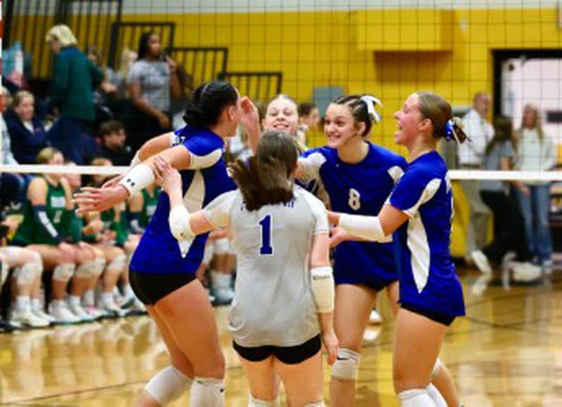 Princeton's Keely Lawson, Caroline Keutzer, Keighley Davis, Ava Kyle and Camryn Driscoll celebrate a point in Tuesday's sectional semifinals match against Peoria Notre Dame at Riverdale High School.