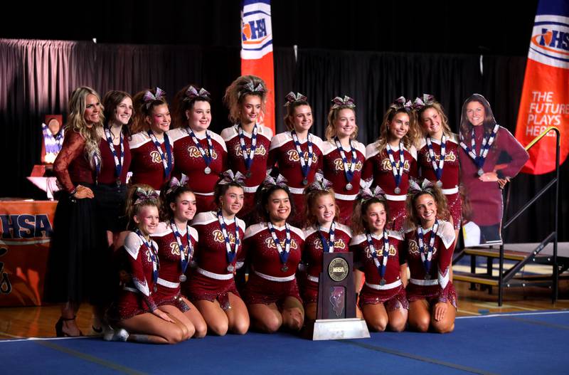 Members of the Richmond-Burton cheerleading team celebrate their second-place finish in the small team division of the IHSA State Finals on Saturday, Feb. 8, 2025 at Grossinger Motors Arena in Bloomington.